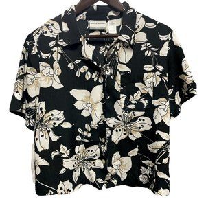 Alfred Dunner 12P Black Floral Button Front Blouse Shoulder Pads-